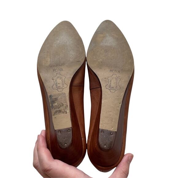 Vintage 70s Boho Leather Wedges Woven Whipstitch Almond Toe Caramel Brown 6.5 - Picture 9 of 13
